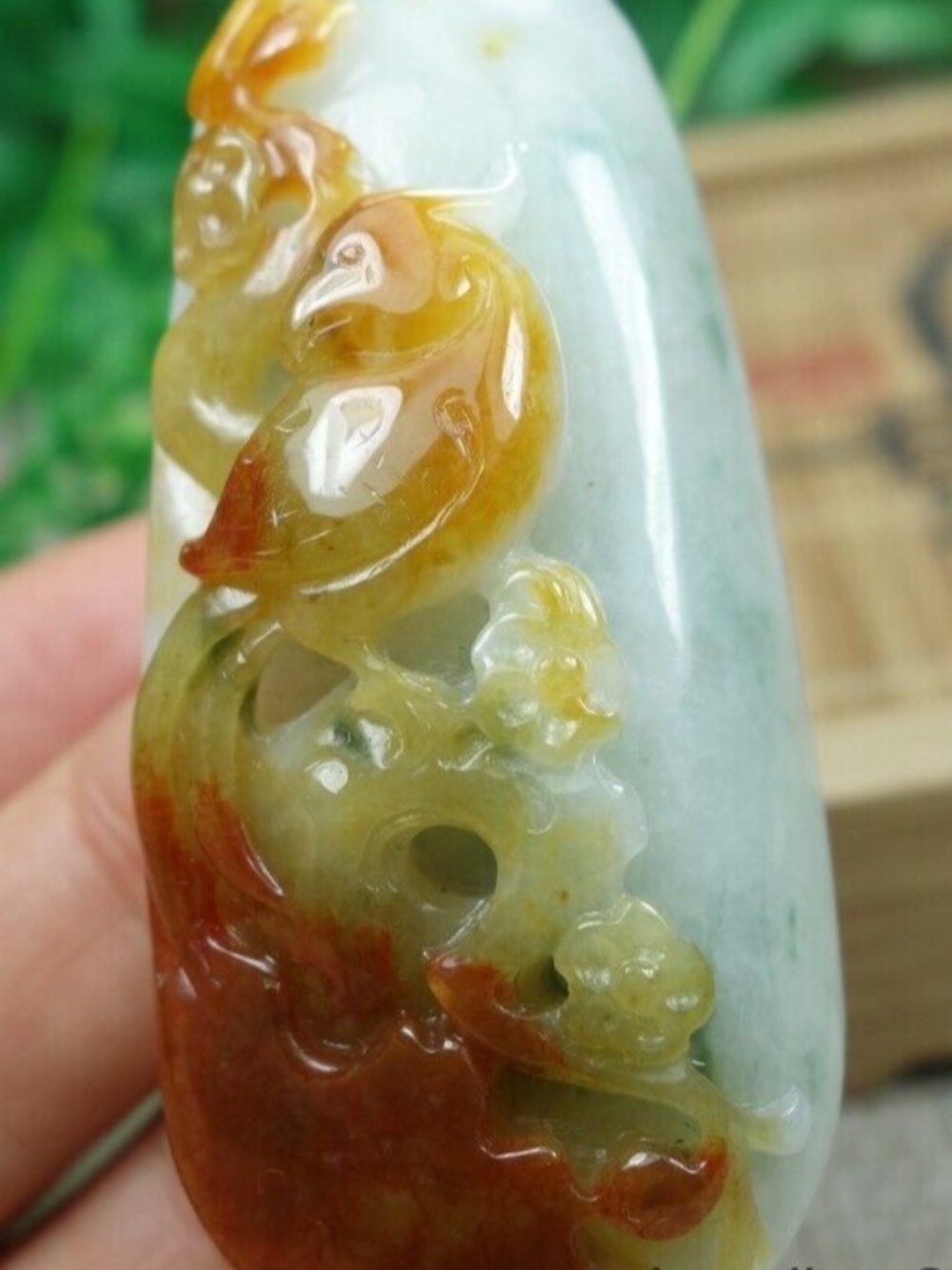 Certified Icy Yellow+Red Burma 100%Natural A jadeite jade Pendant~Magpie 喜上眉梢